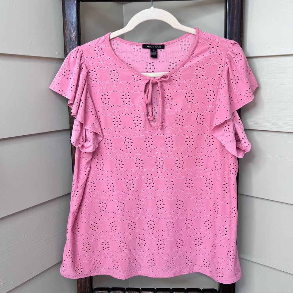 Carolyn Taylor Eyelet Blouse Pink Women's Plus Size 3X Stretchy Flutter Sleeve